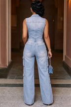 Denim Turndown Collar Top Wide Leg Pants Casual 2pcs Set-Blue [Pre Order]