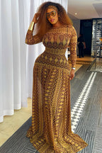 Round Neck All Over Print Long Sleeve Slim Fit Casual Maxi Dresses-Brown