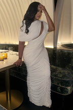 Round Neck 3D Ruched Mesh Cut Out Slim Gowns Maxi Dresses-White