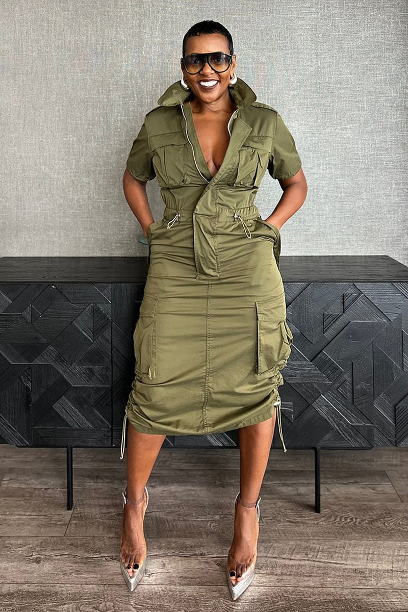 Stand Collar Zipper Drawstring Waist Pocket Midi Dresses-Green