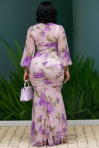 Deep V Neck Cinch Waist Ruched Slit Fishtail Maxi Dresses-Purple