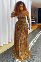 Round Neck All Over Print Long Sleeve Slim Fit Casual Maxi Dresses-Brown