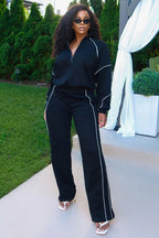 Contrast Line Half-Zip Sweatshirt Wide Leg Pants 2pcs Set-Black