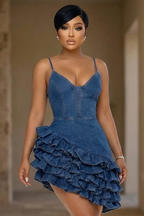 Denim Spaghetti Strap 3D Ruched Hem Party Mini Dresses-Blue