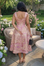 Deep V Neck Sleeveless Jacquard Bouffant Gowns Midi Dresses-Pink