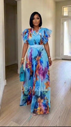 Round Neck Puff Sleeve Floral Print Pleated Maxi Dresses-Blue