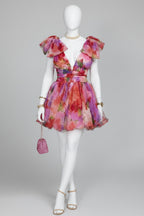 Deep V Neck 3D Ruffle Cinch Waist Floral A-Line Mini Dresses-Pink