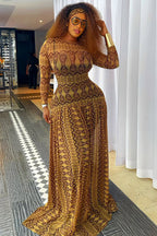 Round Neck All Over Print Long Sleeve Slim Fit Casual Maxi Dresses-Brown