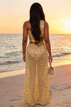One Shoulder Cut Out Sequin Crochet Vacation Maxi Dresses-Brown