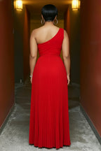 One Shoulder Sleeveless Pleated Bouffant Party Maxi Dresses-Red