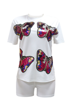 Sequin Butterfly Pattern Short Sleeve T-shirt Casual Shorts 2pcs Set-White