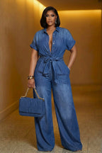 Turndown Collar Short Sleeve Tie Up Wide Leg Casual Jumpsuit-Blue