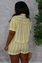 Striped Turndown Collar Short Sleeve Top Shorts 2pcs Set-Yellow