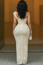One Shoulder Cinch Waist Ruched High Slit Lace Maxi Dresses-Beige
