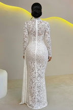 Mock Neck Long Sleeve Sash Guipure Lace Gowns Maxi Dresses-White