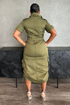 Stand Collar Zipper Drawstring Waist Pocket Midi Dresses-Green