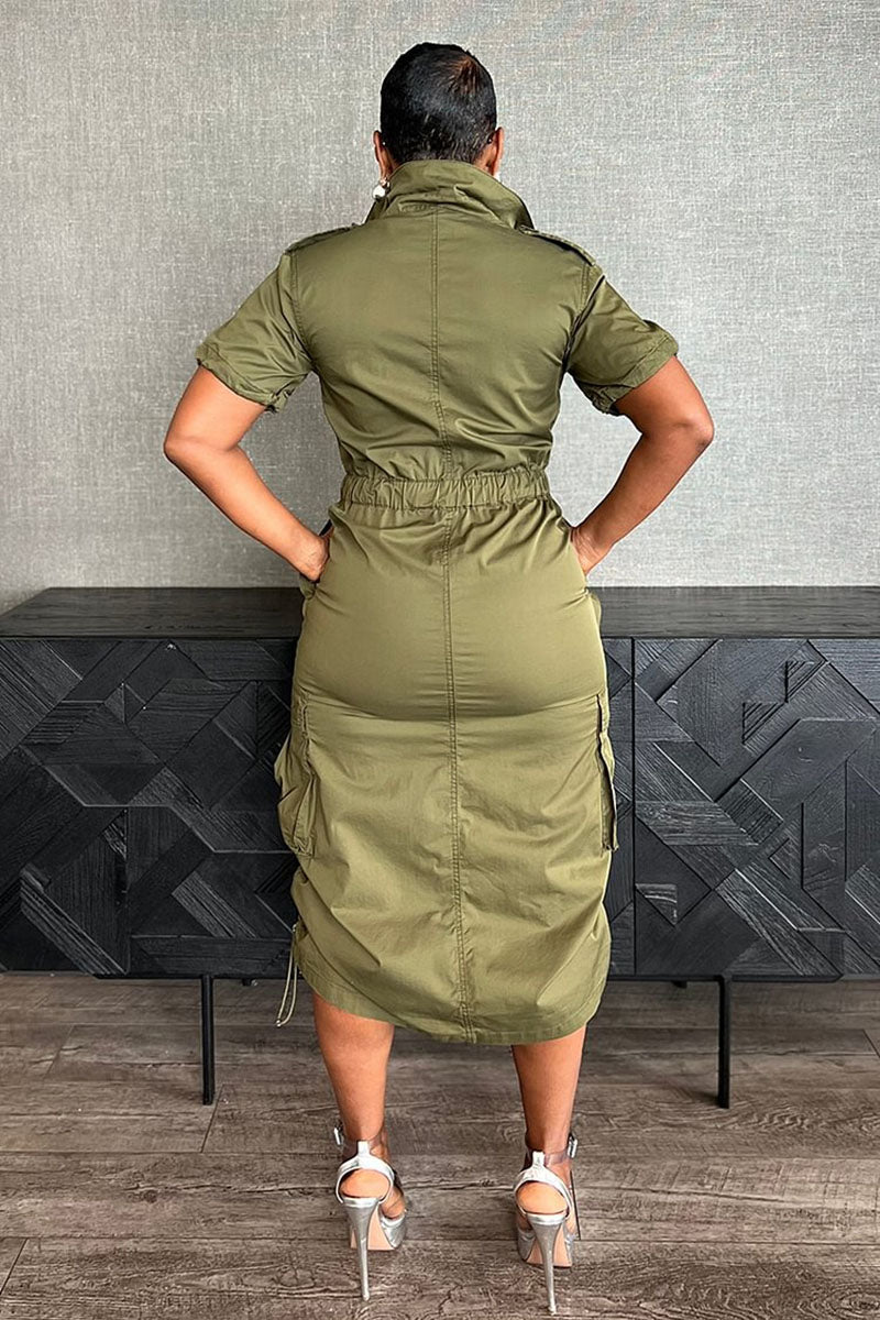 Stand Collar Zipper Drawstring Waist Pocket Midi Dresses-Green