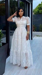 Turndown Collar Puff Sleeve Plaid A-Line Maxi Dresses-White [Pre Order]