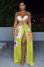 Strapless Cut Out Floral Print Slit Vacation Maxi Dresses-Green