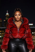 Ombre Faux Fur Zip-Up Hoodie Long Sleeve Crop Jacket-Red