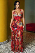 Halter Backless Doodle Printed Fringe Slim Fit Maxi Dresses-Red