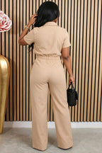 Turndown Collar Short Sleeve Wide Leg Casual Jumpsuit-Khaki