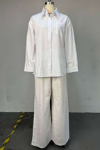 Patch Pocket Turndown Collar Long Sleeve Shirt Wide Leg Pants 2pcs Set-White