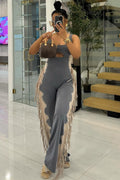 U Neck Cutout Wide Leg Side Fringed Sleeveless Jumpsuit-Gray