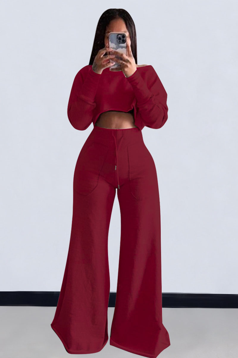 Plain Long Sleeve Crop Sweatshirt Pocket Wide Leg Pants Matching Set-Gray