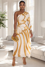 One Shoulder Batwing Sleeve Floral Vacation Maxi Dresses-Gold