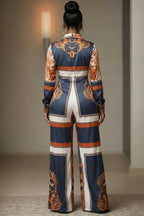 Long Sleeve Lace Up Wide Leg Floral Casual Jumpsuit-Multicolor