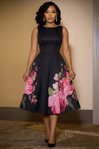 Round Neck Sleeveless Floral Print Gowns Midi Dresses-Black