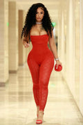 Spaghetti Strap Cinch Waist Semi-Sheer Mesh Bodycon Jumpsuit-Red