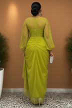 Deep V Neck Long Sleeve Ruched Mesh Gowns Maxi Dresses-Green