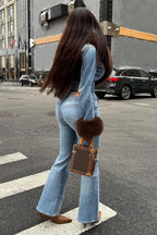 Faux Fur Patchwork Jacket Jeans Casual Denim Matching Set-Blue