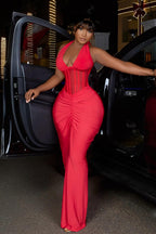 Halter Cinch Waist Ruched Fishtail Bodycon Party Maxi Dresses-Red