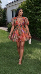 Deep V Neck Puff Sleeve Floral A-Line Mini Dresses-Multicolor