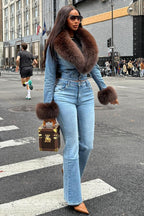 Faux Fur Patchwork Jacket Jeans Casual Denim Matching Set-Blue