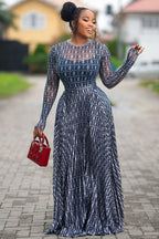 Round Neck All Over Print Long Sleeve Top Maxi Skirt 2pcs Set-Blue