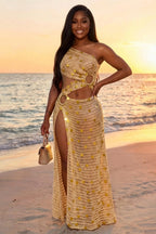 One Shoulder Cut Out Sequin Crochet Vacation Maxi Dresses-Brown