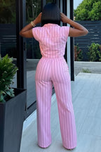 Turndown Collar Sleeveless Top Drawstring Pants 2pcs Set-Pink