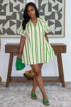 V Neck Puff Sleeve Striped Loose Fit Casual Mini Dresses-Green
