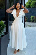 Deep V Neck Bow Cinch Waist Solid Color Cami Maxi Dresses-White