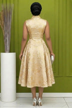 V Neck Sleeveless Jacquard Decor A-Line Gowns Midi Dresses-Gold