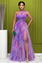 One Shoulder Cinch Waist Slit Mesh Gowns Maxi Dresses-Purple