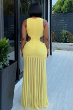 Deep V Neck Cut Out Sleeveless Mesh Bodycon Maxi Dresses-Yellow