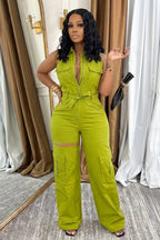 Cargo Turndown Collar Sleeveless Zip Up Casual Jumpsuit-Green
