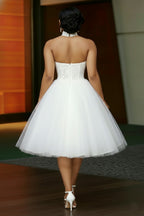 Halter Sleeveless Lace Bouffant Mesh Gowns Midi Dresses-White