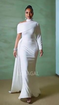 Asymmetric Mock Neck Long Sleeve Sash Party Maxi Dresses-White