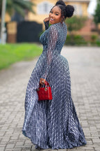 Round Neck All Over Print Long Sleeve Top Maxi Skirt 2pcs Set-Blue
